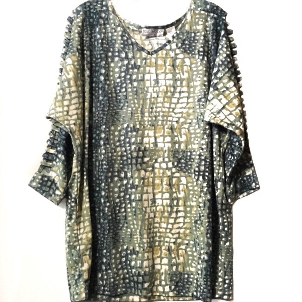 Bleu Bayou Abstract Cutout Sleeve Top Lagenlook Artsy Boho Eclectic Whimsigoth M
